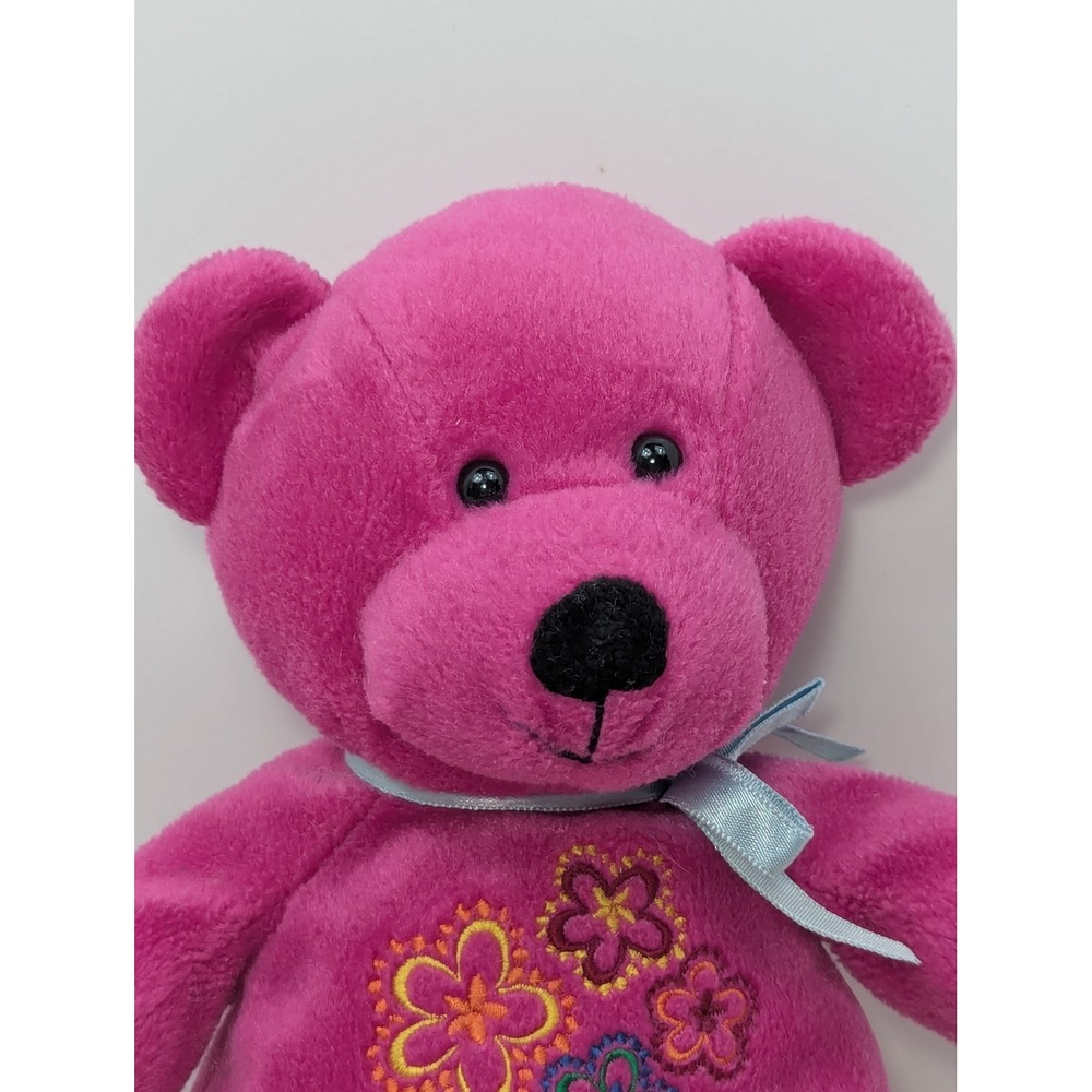FAO Schwarz Plush Teddy Bear Pink Flowers Embroidered Blue Ribbon Bow - Picture 7 of 7